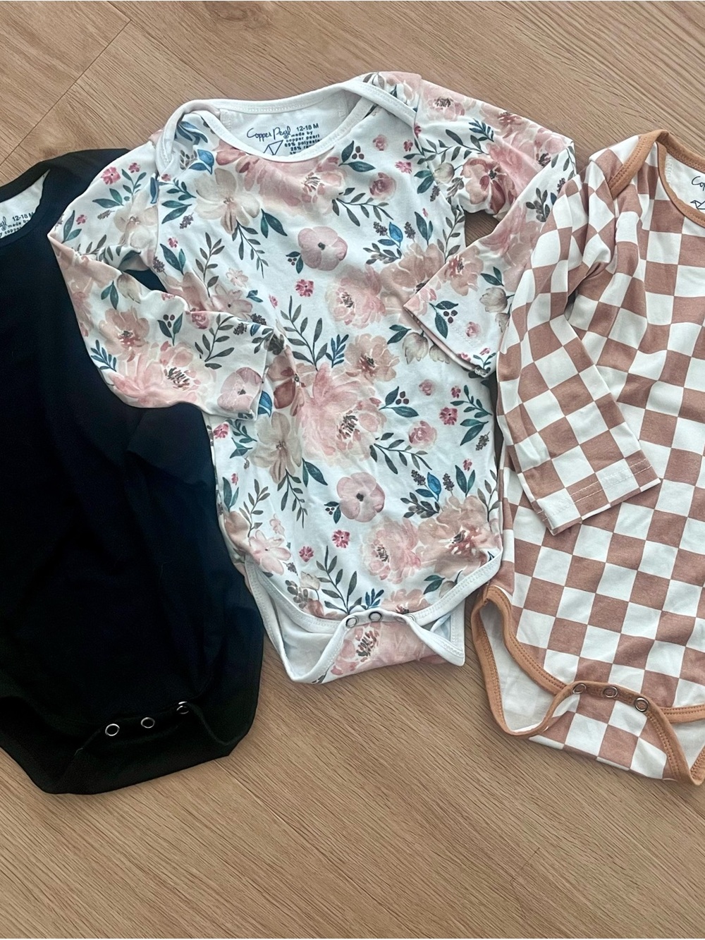 Lot of THREE Copper Pearl Long-Sleeve Baby One-Pieces, size 12-18 months